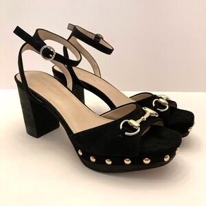 Pelle Moda Heels Sandals Black Suede Leather Horsebit Womens 6.5 M Ankle Strap